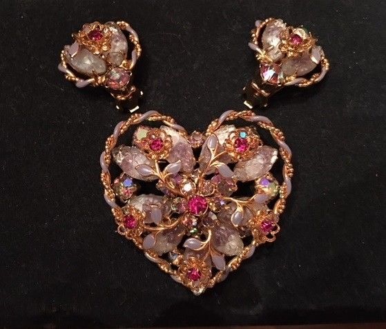 Vintage Signed WEISS NY SET HEART Pin/Brooch & Clip Earrings Amethyst Rhinestone