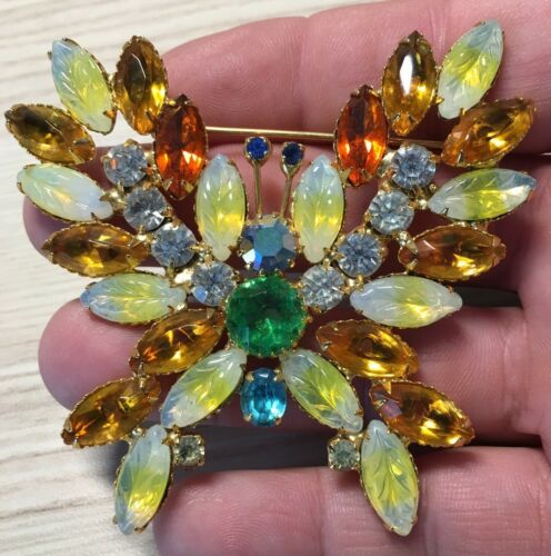 VINTAGE LARGE GORGEOUS RHINESTONE DECO CRYSTAL GLASS BUTTERFLY BROOCH PIN