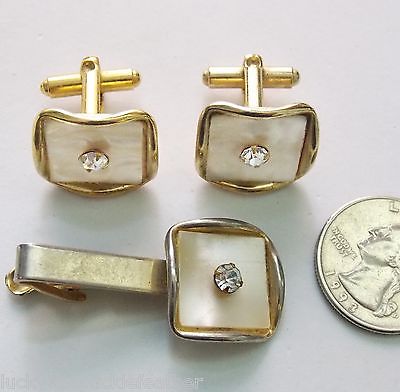 Vintage Cufflinks/Tie Bar Clasp Set, Pearlized Square Background w/Raised RS, GT