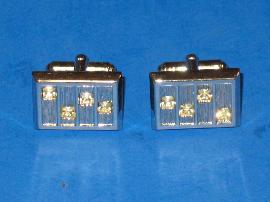 vintage HICKOK SILVER TONE & CLEAR STONES CUFFLINKS ~ BEAUTIFUL CONDITION