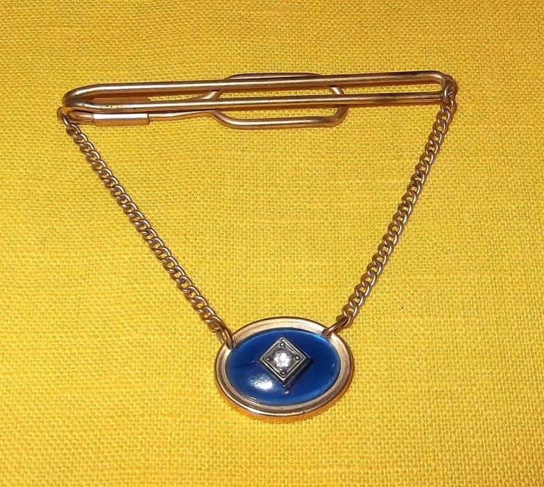 VINTAGE FLEX-LET HANGING CHAIN TIE BAR CLIP BLUE CABOCHON STONE