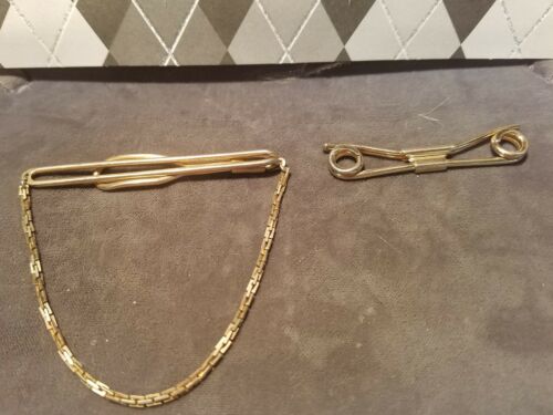 Two Vintage Swank Gold Tone Tie Bars. One with Chain. (JB)
