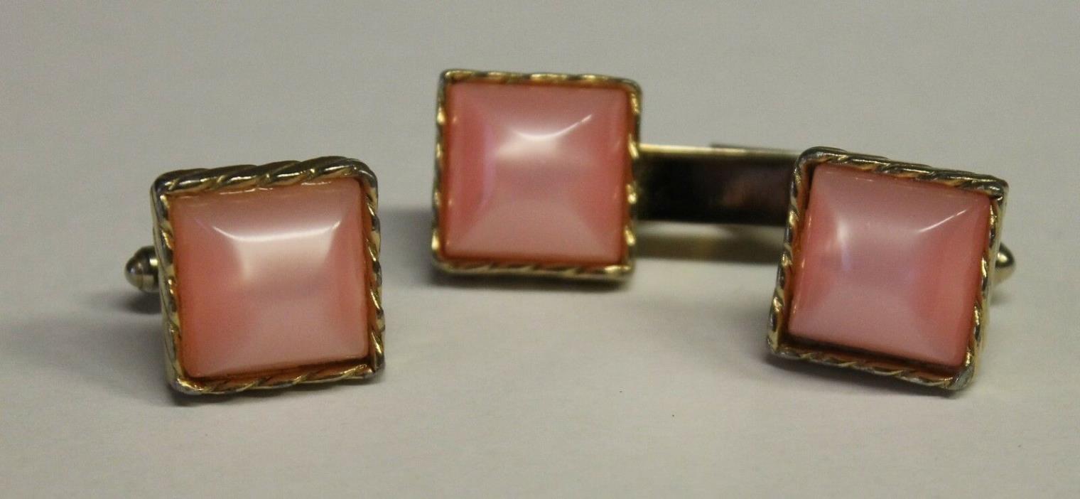 Pink Moonglow Square Gold Tone Cufflinks & Tie Clip Bar Set Vintage Estate