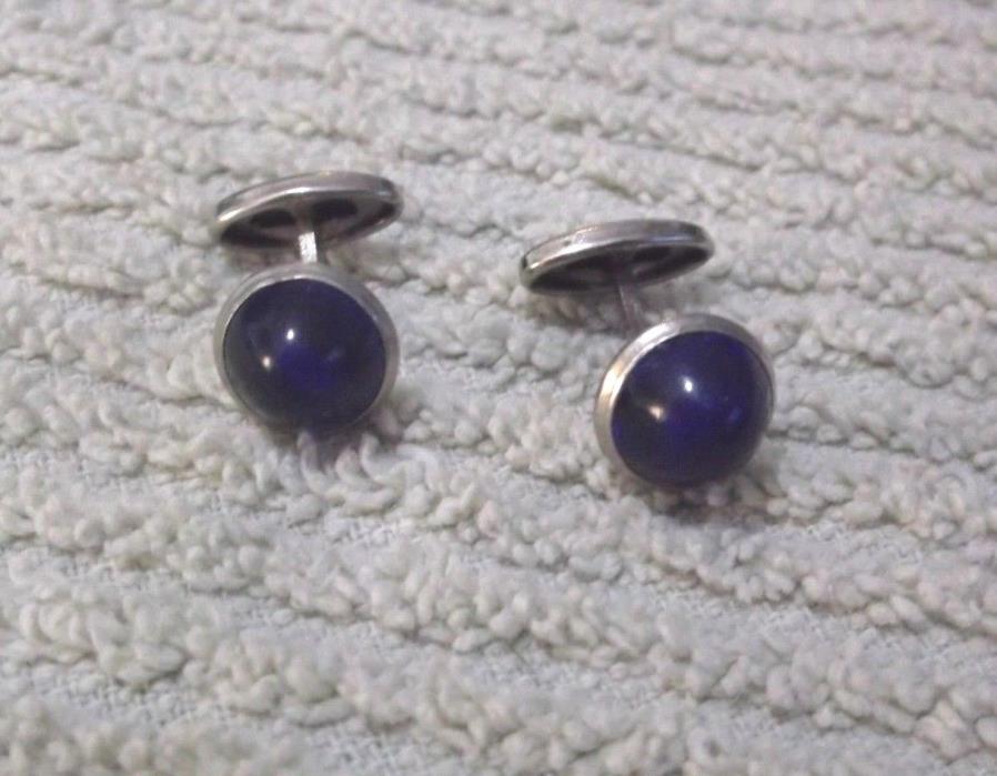 Vintage Silvertone Cuff Links With A Blue Acrylic Stone