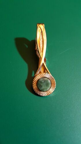 Vintage LAMODE KARATCLAD Tie Clip Clasp Real Jade Round Stone Gold Tone 1-1/2
