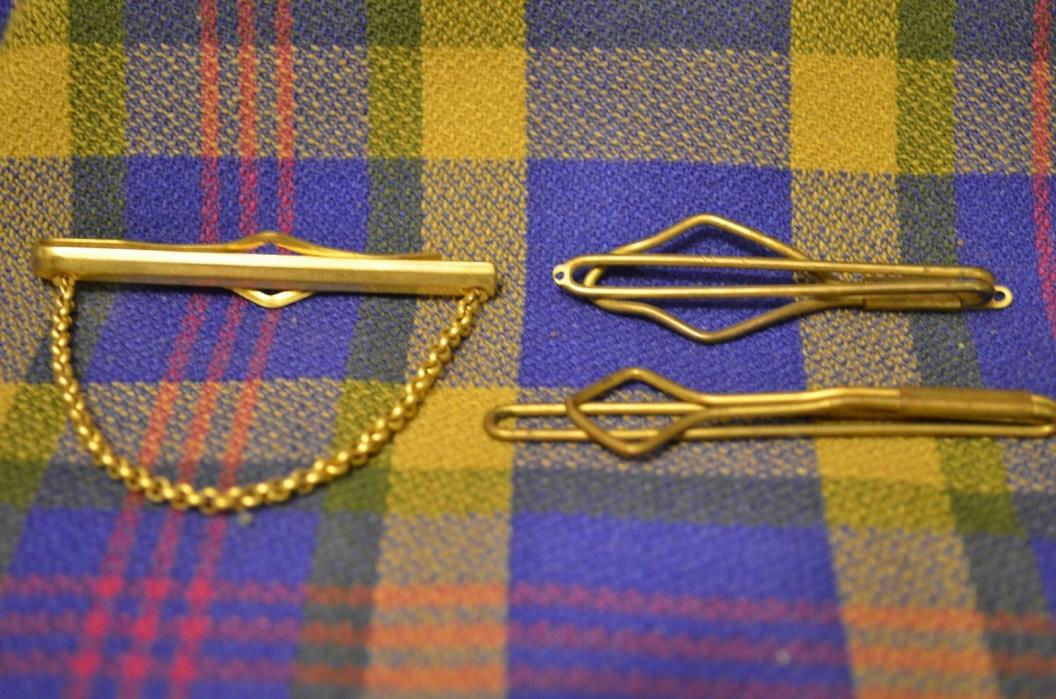 Group of 3 Vintage ANSON Tie-Bar Clasps, 1 w/Chain-Gold Colored