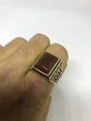 1980's Vintage Golden Stainless Steel Size 9.25 Men's Genuine Carnelian Ring