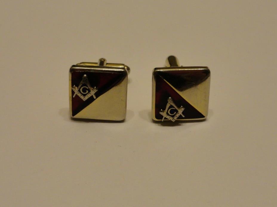 Vintage Anson Masonic Gold Tone w/ Red Blue Inlay Square Cufflinks