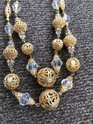 Byzantine Mogul Style GoldTone Filigree Ball/Crystal Bead Necklace Double Strand