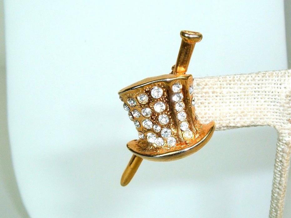 Vtg Top Hat Pin Magician Rhinestone Gold tone Brooch Wonderland Tie accessory