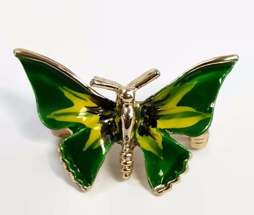 Small Butterfly Brooch Silver Tone Green and Yellow