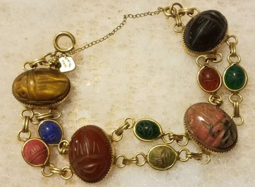 Egyptian Revival D'ABROS SCARAB BRACELET 12K GF LARGE Genuine Carved Gem Stones