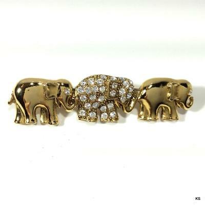 Vintage Rhinestone Gold-tone 3 Elephant Bar Pin Brooch Costume
