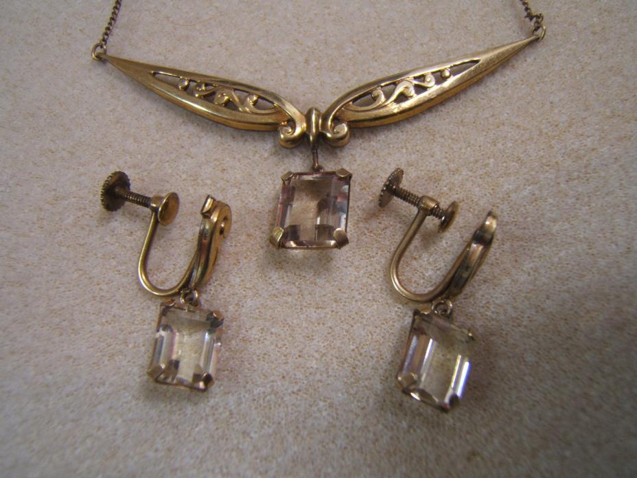 Vintage 12k Gold Fill Necklace + Screwback Earrings Champagne Emerald Cut Stones