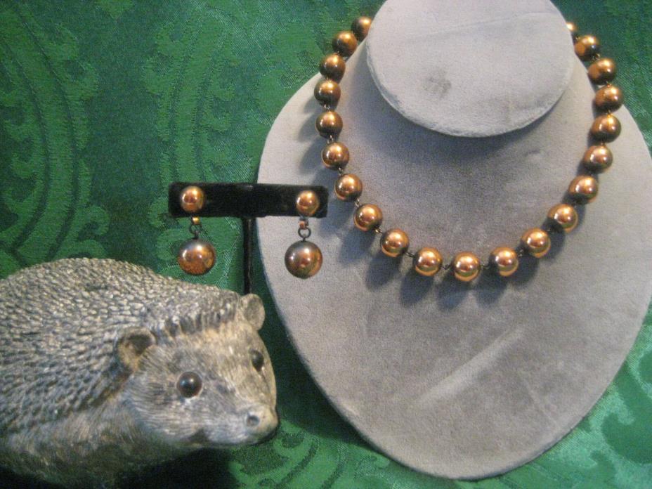 REBAJES vintage Copper Jewelry Set NECKLACE screwback EARRINGS round beads 18