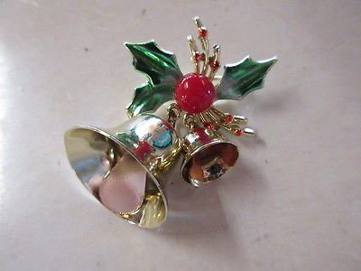 Christmas Xmas Holly Mistletoe and Ringing Bells Brooch Pin Rings