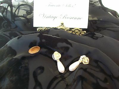 Vintage Gold Tone & Faux Pearl Dangle Pierced Earrings w Crystal Accents 4 in 1
