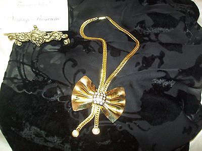 Vintage Gold Tone Bow Necklace w Crystal Accents & Thick Chain Plus Double Exten