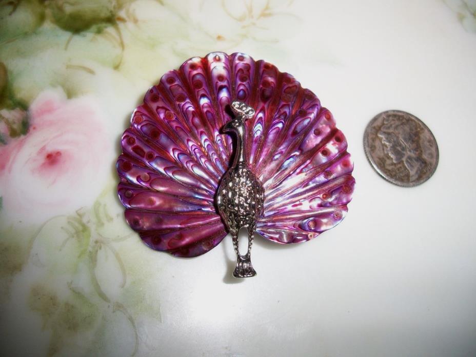 Peacock | Brooch |  Genuine Paua Shell | Abalone | Purple | Silvertone |  1 1/2