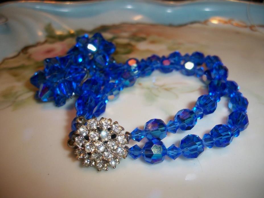 Vintage Capri Blue Crystal Bead Demi| Dbl Row Bracelet & Cluster Earrings