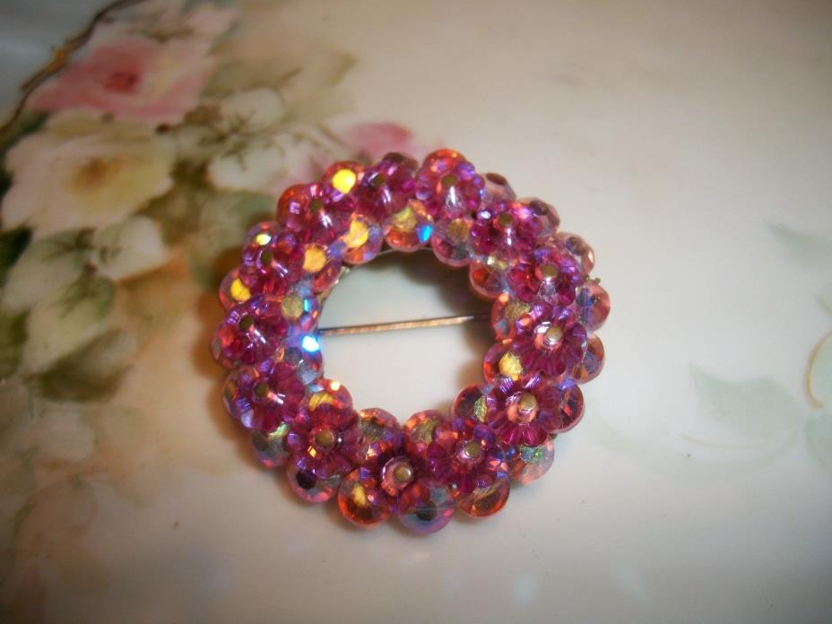Vintage Pink Crystal Wreath Brooch:  Aurora Borealis & Marguerite Crystals 1 5/8