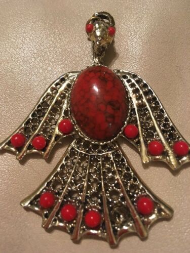 Vintage Costume Pendant Coral Red Stone Phenix Rising Statement Jewelry