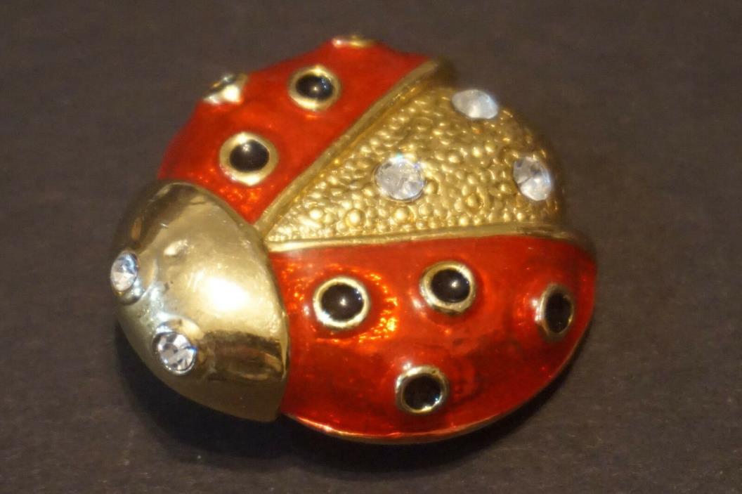 Ladybug brooch signed AAi jewelry red enamel, gold tone, rhinestone eyes  16