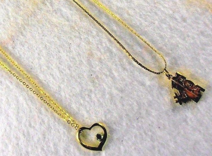 2 Goldtone Necklaces  Heart w/Colored Stone 16
