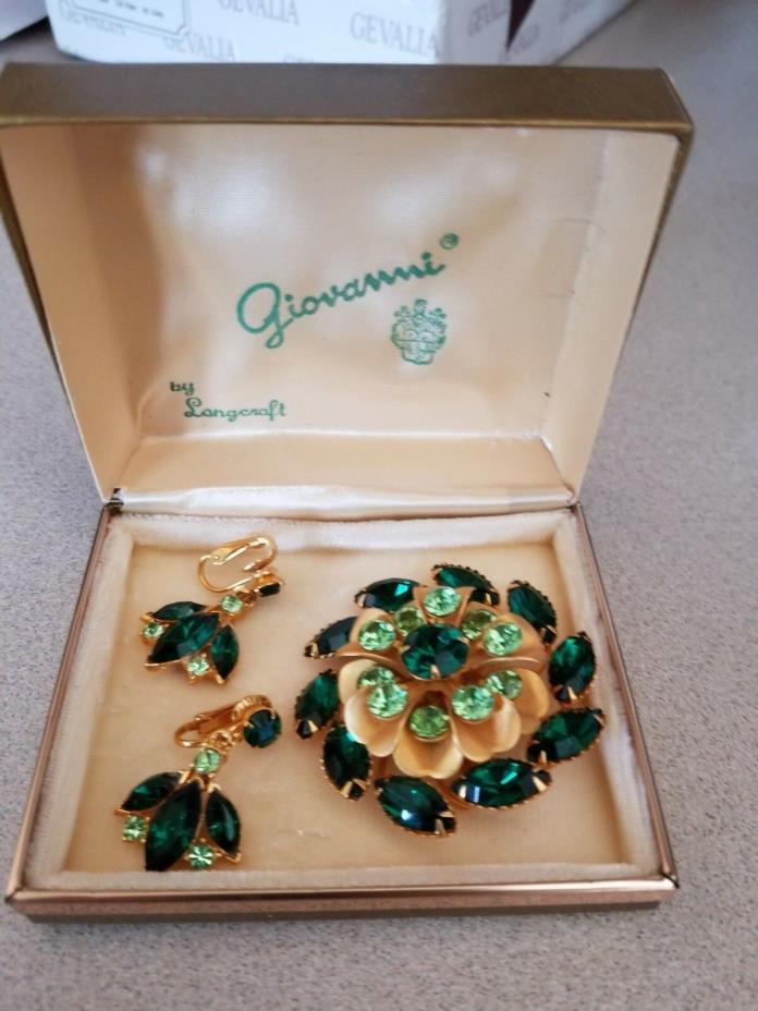 Vintage Giovanni by Langcraft Emerald Greens Brooch & Matching clip Earrings
