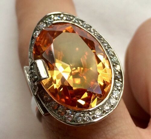 Vintage Costume Jewelry Estate Silver Tone Amber Colored Gemstone RING