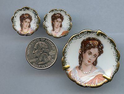Vintage Woman France  Limoges Brooch Pin Earring Set Porcelain Cameo Lot P115