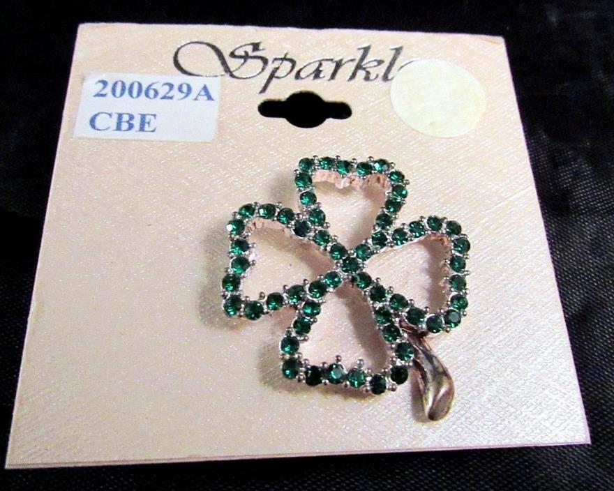 Sparkle Four Leaf Clover Pinback Green Stones Silver Tone 1 Inch