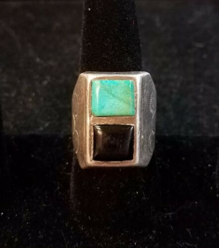 Sterling silver turquoise onyx Navajo ring size 9.5 C 692