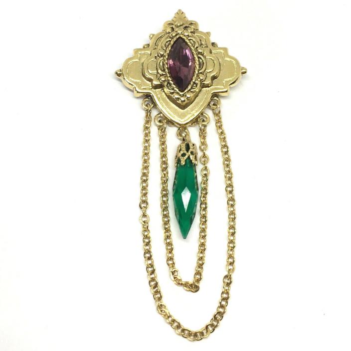 Vintage Retro Art Deco Brooch Pin Chain Bead Dangles Purple Rhinestone Gold Tone