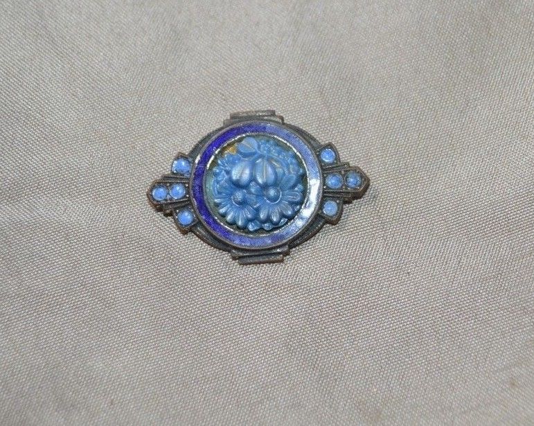 Vintage Art Deco Floral Enamel Pin Brooch Blue