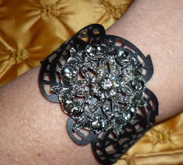 Art Nouveau Boho Leather Cuff Bracelet with Vintage Rhinestone Star