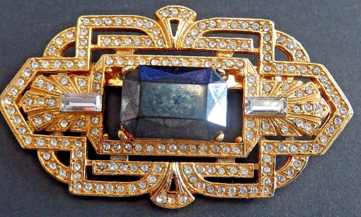 Vintage Gold-Tone Art Deco Style Brooch/Pin Black And Clear Rhinestones