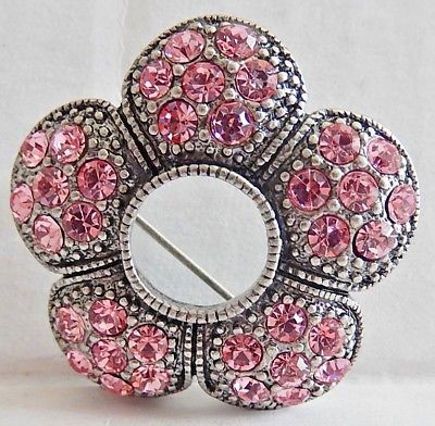Lovely Vintage Pewter Flower Brooch With Pink Rhinestones