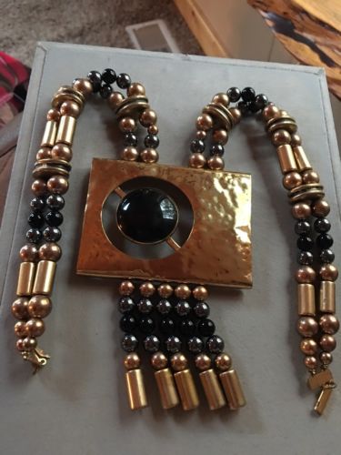 HUGE STATEMENT BIB NECKLACE ABSTRACT MODERNISTIC BROWN BLACK BEADS GOLD TONE