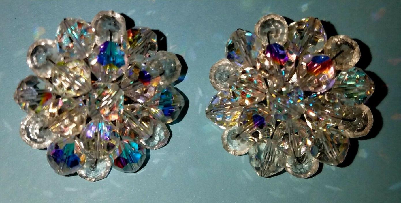 Vintage Aurora Borealis Clear Faceted Iridescent Bead 1950's Clip On Earrings