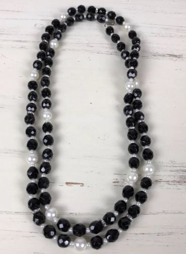 Long Beaded Black & White & Rhinestones Vintage Necklace
