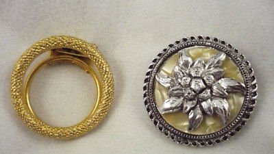 Lot 2 West German scarf clip ring gold ring signed Tana & silver flower marble