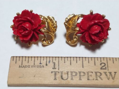 Earrings Clip On Red Roses Gold Color Pair Rare Vintage