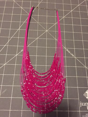 30 Strand Beaded Necklace Fuchsia Pink Crystal 16” -26” Long