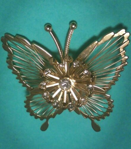 Vintage Gold Tone Butterfly Pin Brooch Goldtone With Rhinestones