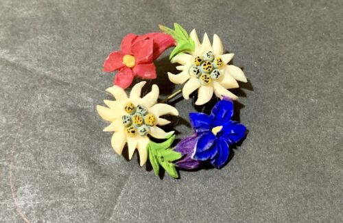 Antique Carved Bodine Floral Brooch Hand Painted C-Clasp
