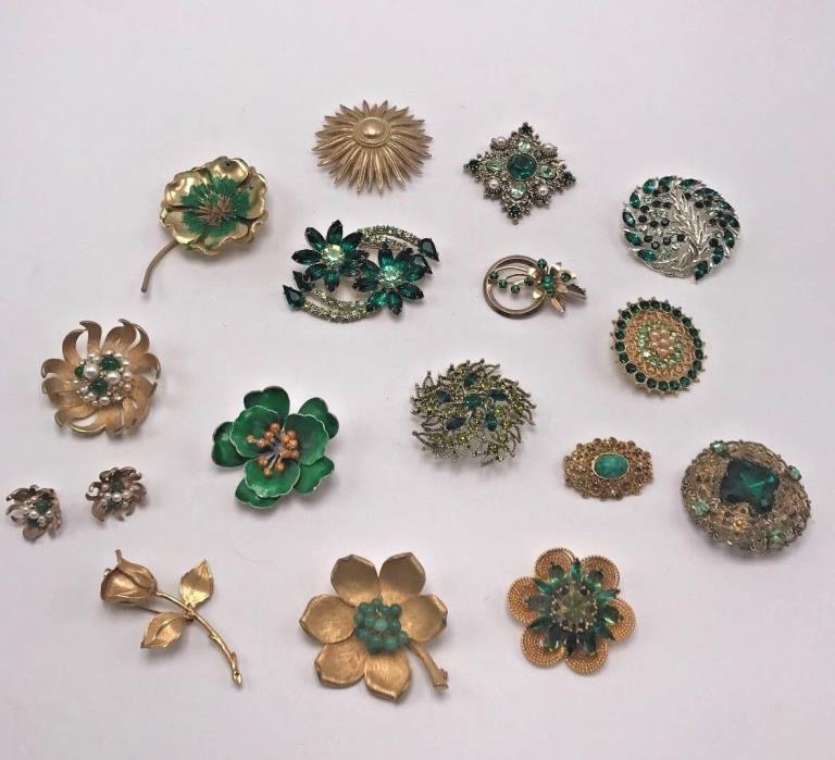 Amazing Assorted Green Large Vintage Brooch Lot