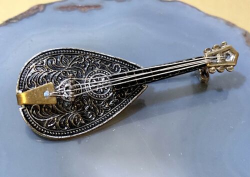 Fantastic Vintage Miniature Mandolin Brooch Western Germany W/ Real Strings