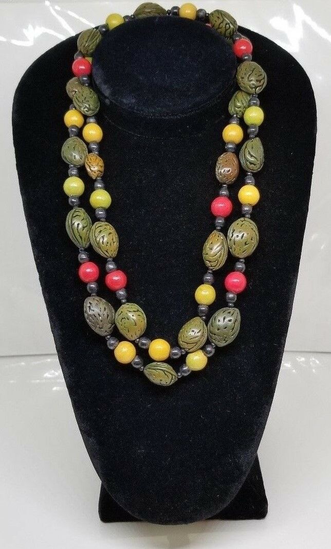 Vintage Celluloid Plastic Seed and Nut Green Red Yellow Black Necklace  36