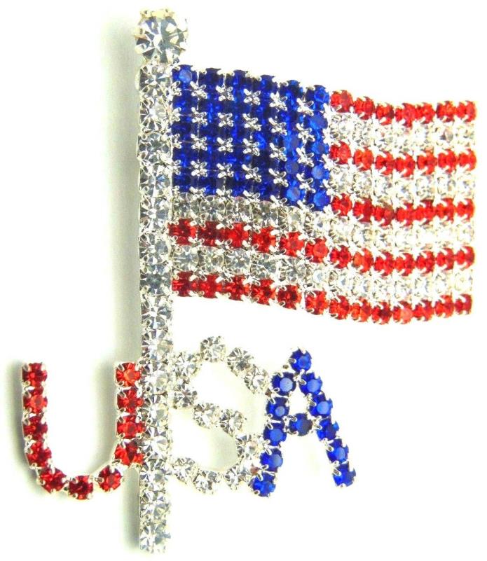 Vintage Flag Pin 4th July Labor Day Register VOTE Rhinestone Crystal USA #7  j1